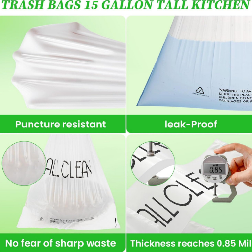 Trash Bags 15 Gallon Tall Kitchen Drawstring Garbage Bag Fit 13-15 Gal Bins