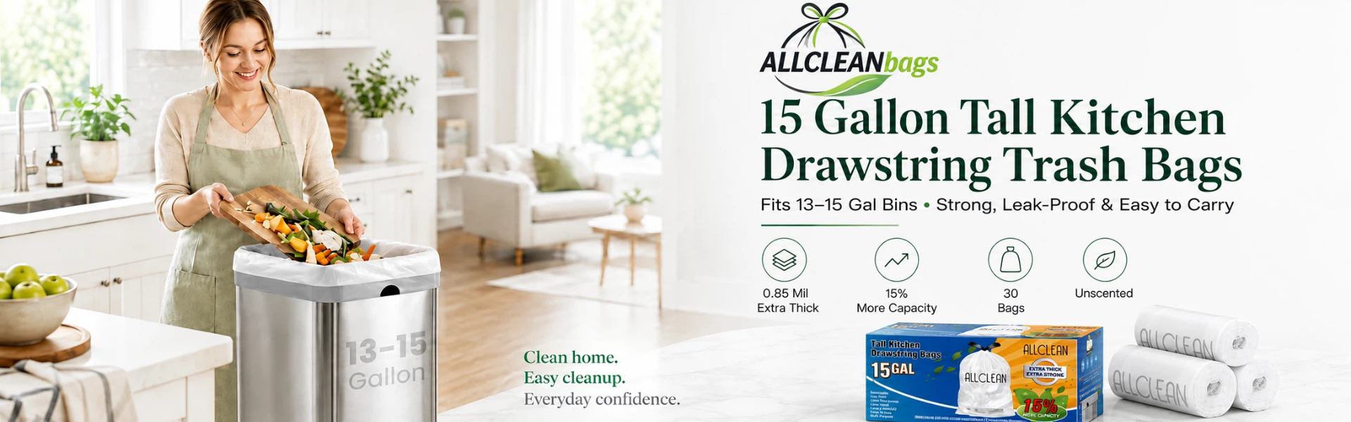 Trash Bags 15 Gallon Tall Kitchen Drawstring Garbage Bag Fit 13-15 Gal Bins