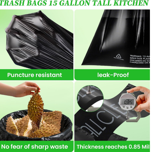 Trash Bags 15 Gallon Tall Kitchen Drawstring Garbage Bag Fit 13-15 Gal Bins